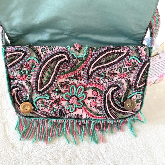 Viral Beaded Pink, Blue, & Purple Paisley Shoulder Bag w/ Beaded Fringe - Picture 4 of 8